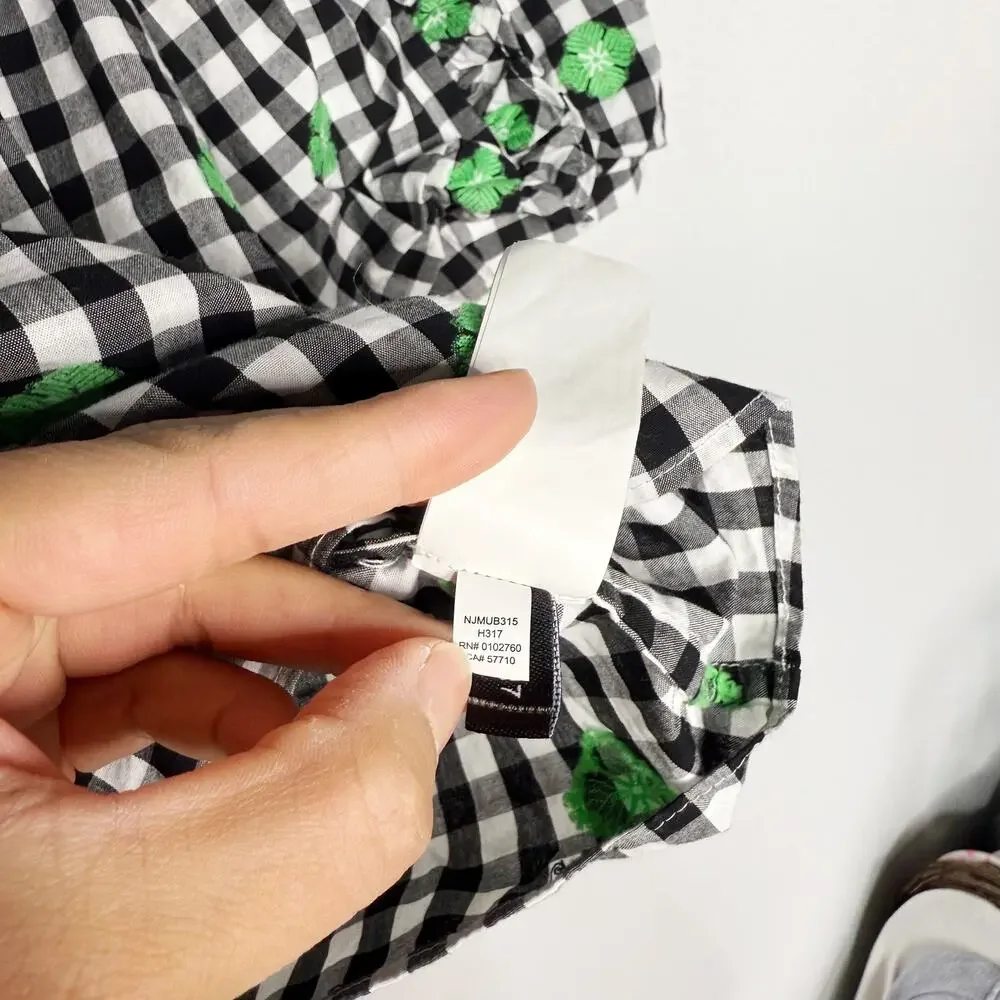 Kate Spade XS Black White Green Gingham Voile Blouse Puff Sleeves Square Neck